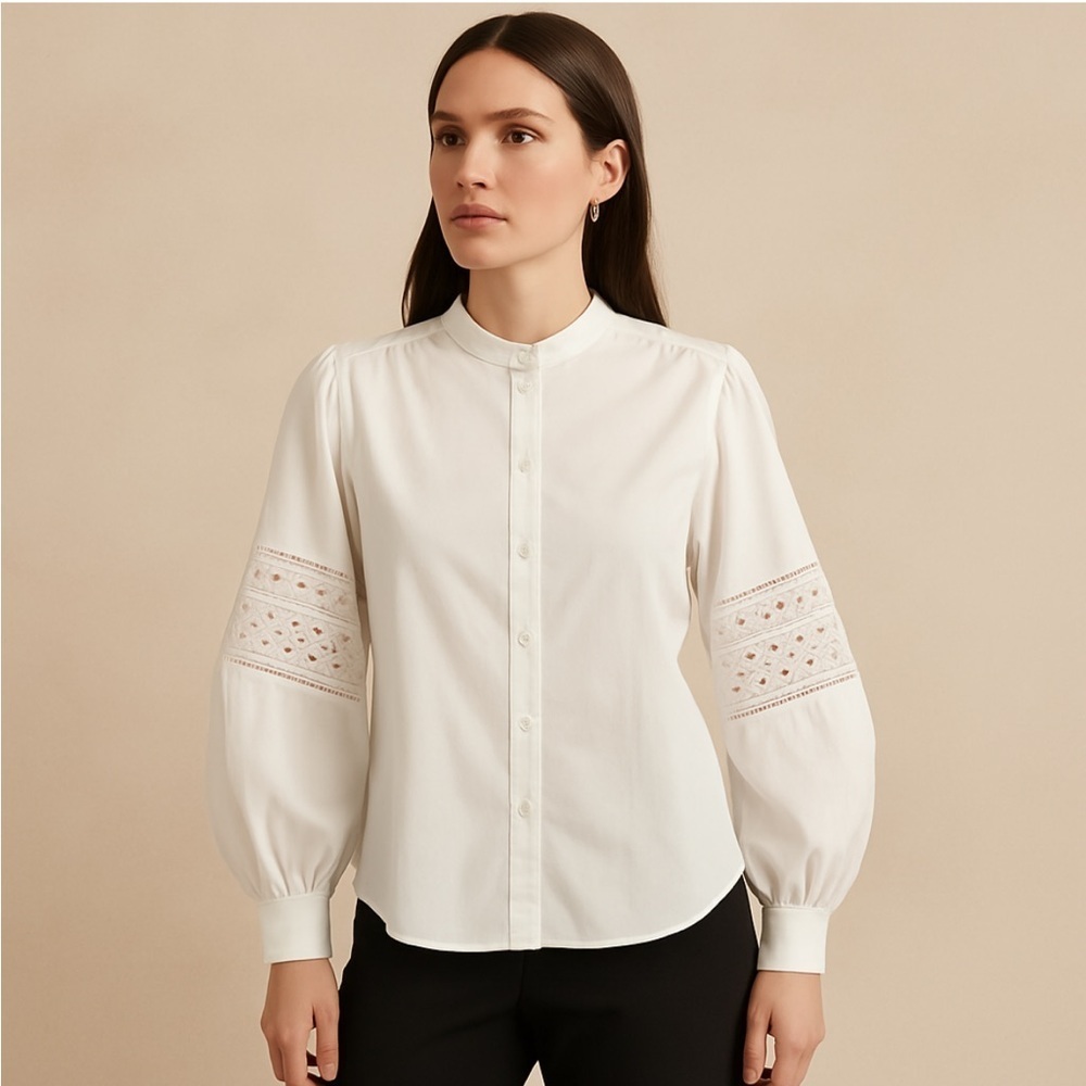 Chico's White Lace Sleeve Button-Down Blouse Size 1 (Medium)